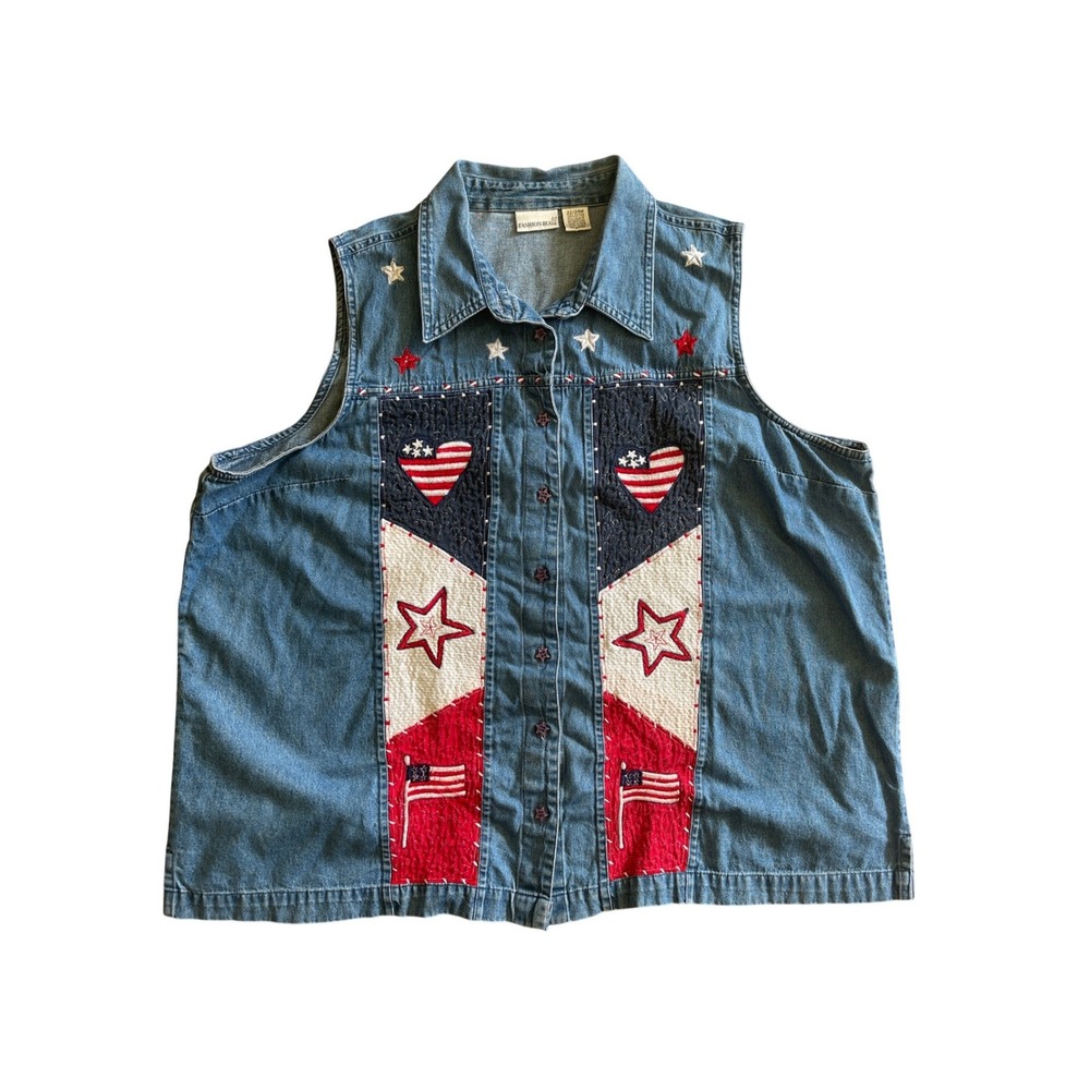 Fashion Bug Womens‎ Plus 22/24W Patriotic Denim Vest Americana Stars Flags Blue